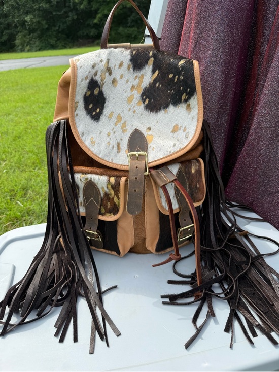 Handbags - Fringe Cowhide Leather Backpack - Tan and White